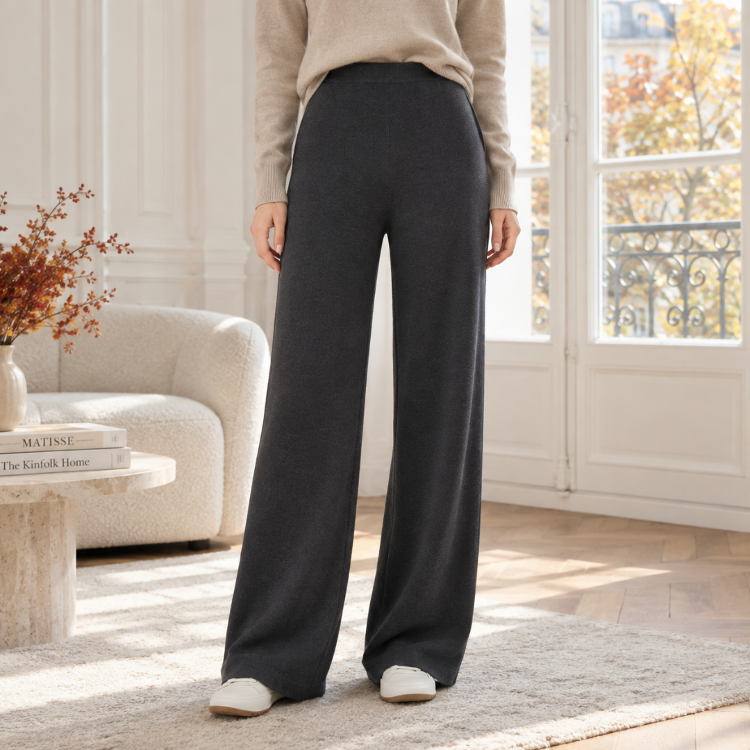 Pantaloni donna grigio scuro in maglia a gamba larga con vita alta