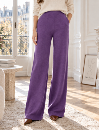 Pantaloni donna in maglia viola a gamba larga con vita alta e tasche laterali