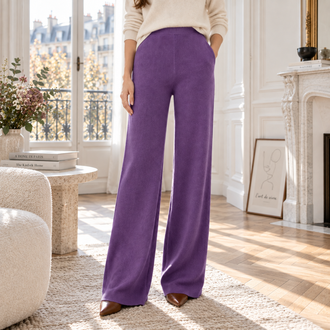 Pantaloni donna in maglia viola a gamba larga con vita alta e tasche laterali