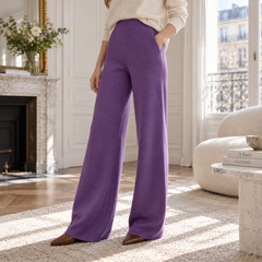 Pantaloni viola a gamba larga con cucitura centrale davanti e fondo a coste