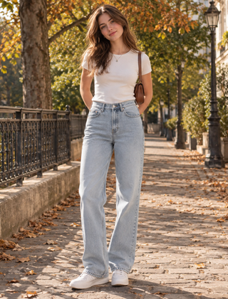 Pantaloni donna blu chiaro a vita alta con gamba larga e cinque tasche