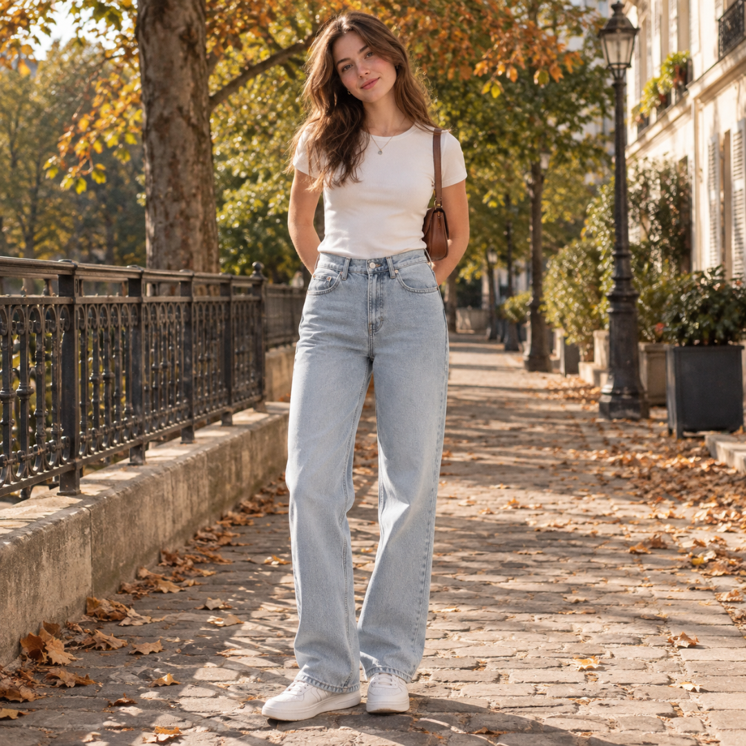 Pantaloni donna blu chiaro a vita alta con gamba larga e cinque tasche