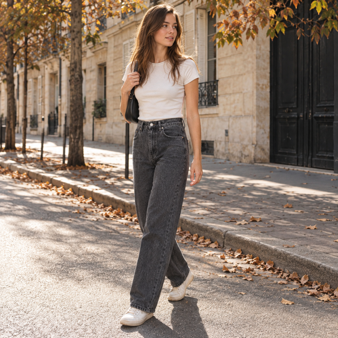 Pantaloni donna neri a gamba larga indossati con T-shirt bianca e sneakers