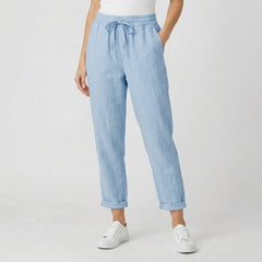 Pantaloni donna azzurri leggeri con laccetto in vita e risvolto sul fondo