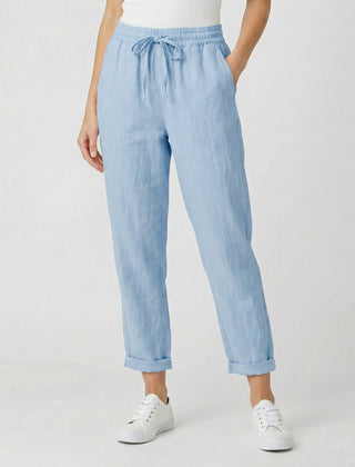 Pantaloni donna azzurri leggeri con laccetto in vita e risvolto sul fondo