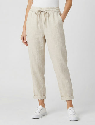 Pantaloni donna beige con coulisse in vita e fondo risvoltato alla caviglia