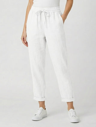 Pantaloni donna bianchi in cotone con coulisse annodata e caviglia scoperta