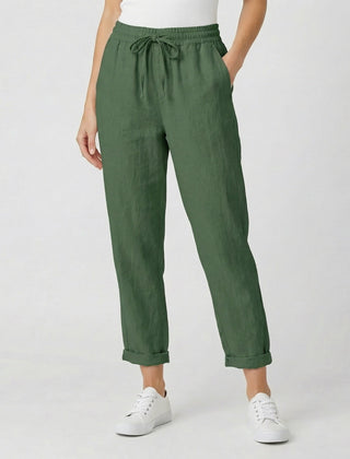 Pantaloni donna verdi con vita elastica arricciata e ampio risvolto sul fondo