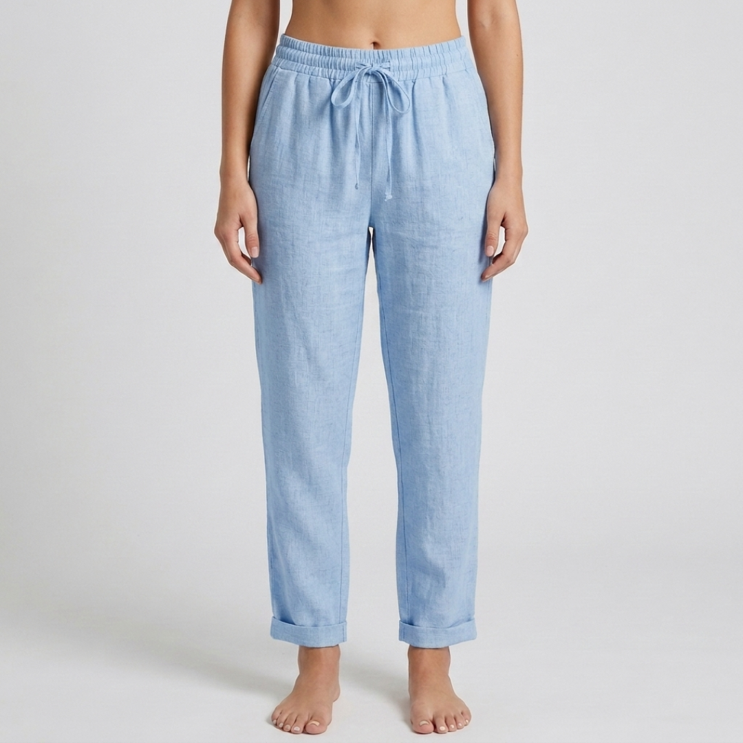 Pantaloni donna azzurri con coulisse in vita e orlo risvoltato alla caviglia