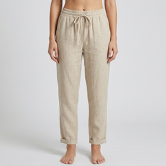 Pantaloni donna beige con coulisse in vita e caviglia risvoltata, look naturale