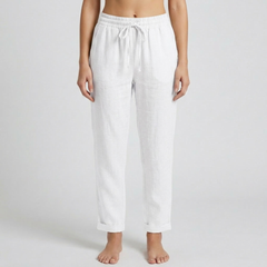 Pantaloni donna bianchi con vita elastica, coulisse e orlo risvoltato sul fondo