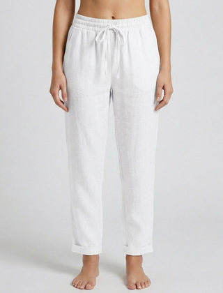 Pantaloni donna bianchi con vita elastica, coulisse e orlo risvoltato sul fondo