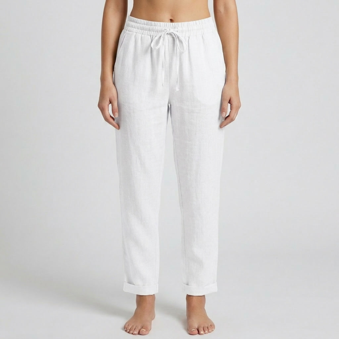 Pantaloni donna bianchi con vita elastica, coulisse e orlo risvoltato sul fondo
