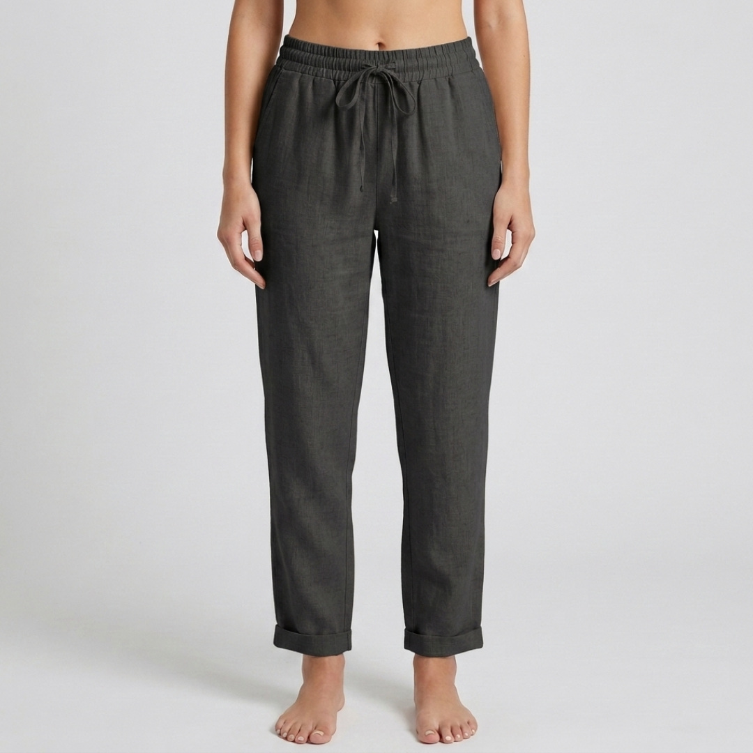 Pantaloni donna grigio scuro con coulisse in vita e orlo risvoltato alla caviglia