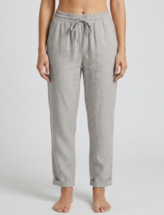 Pantaloni donna grigi con vita elastica, tasche laterali e fondo risvoltato