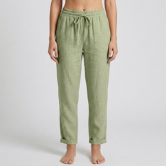 Pantaloni donna verde salvia con fiocco in vita e gamba affusolata risvoltata