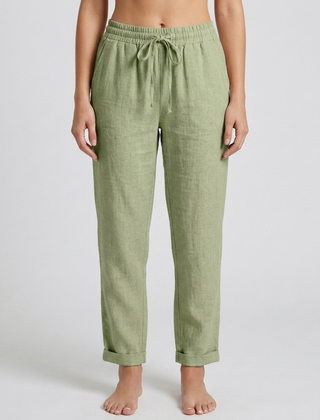 Pantaloni donna verde salvia con fiocco in vita e gamba affusolata risvoltata
