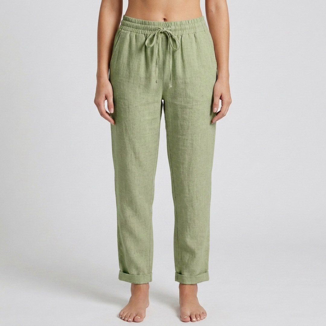 Pantaloni donna verde salvia con fiocco in vita e gamba affusolata risvoltata