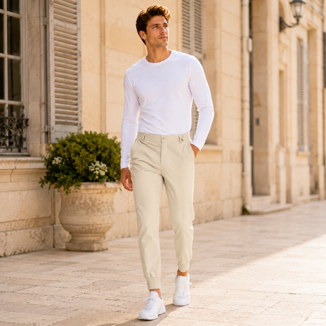 Uomo cammina con pantaloni jogger beige, passanti in vita e fondo a costine