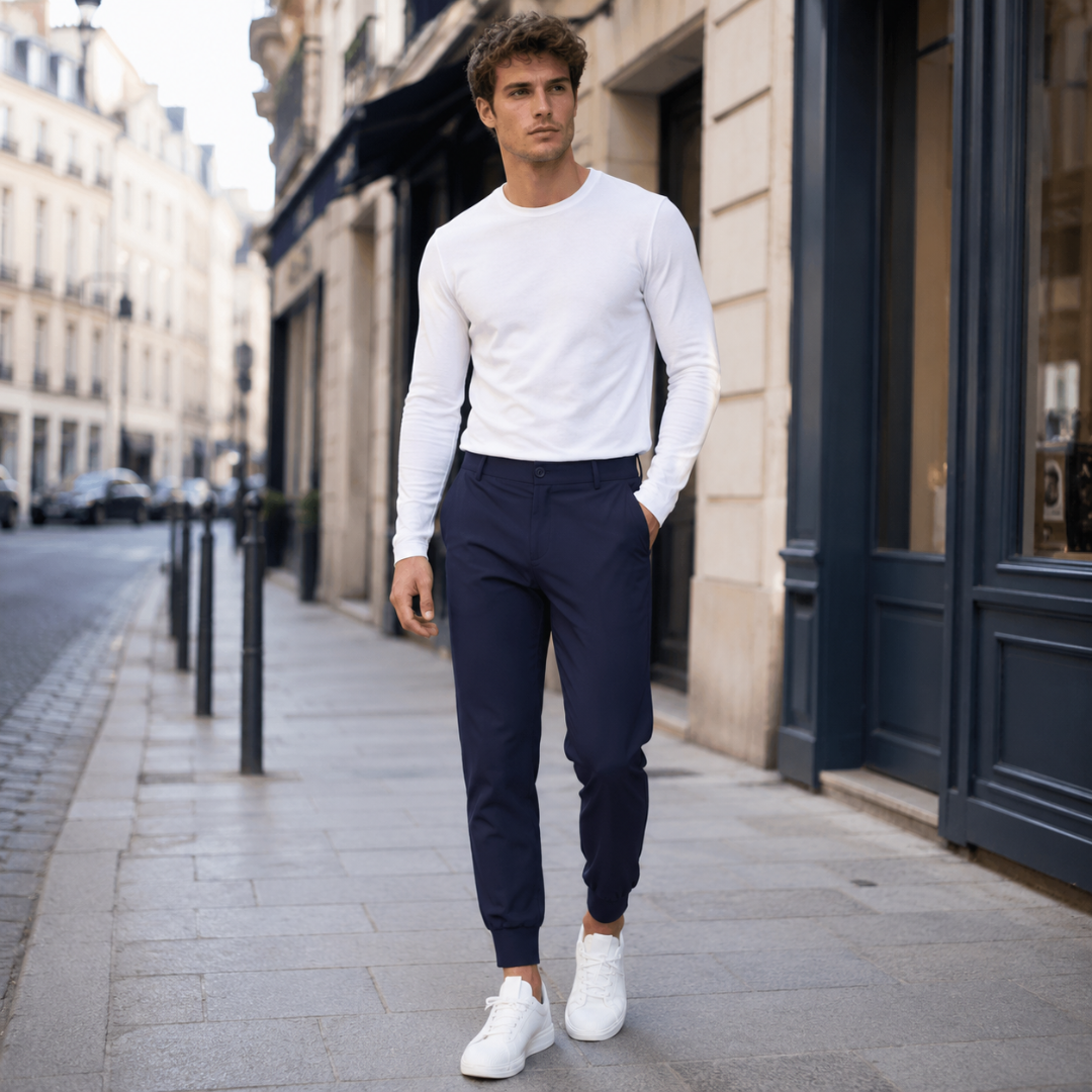 Pantaloni jogger uomo blu navy con tasche laterali e fondo a costine