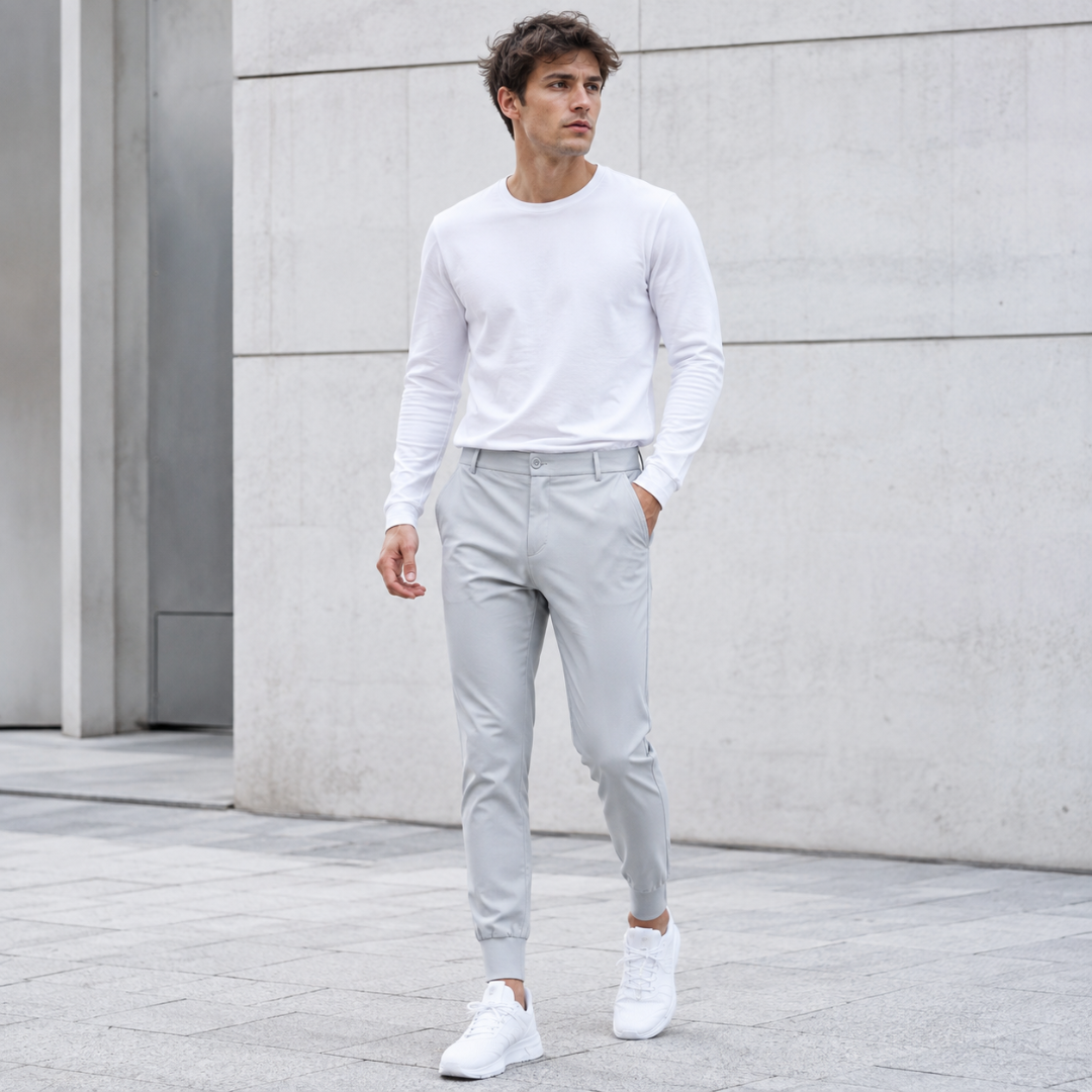 Pantaloni jogger uomo grigi con chiusura frontale a bottone e fondo a costine