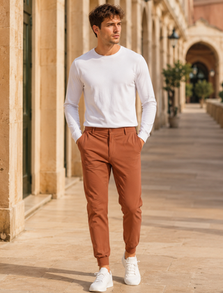 Pantaloni jogger uomo terracotta con tasche laterali inclinate e fondo a costine