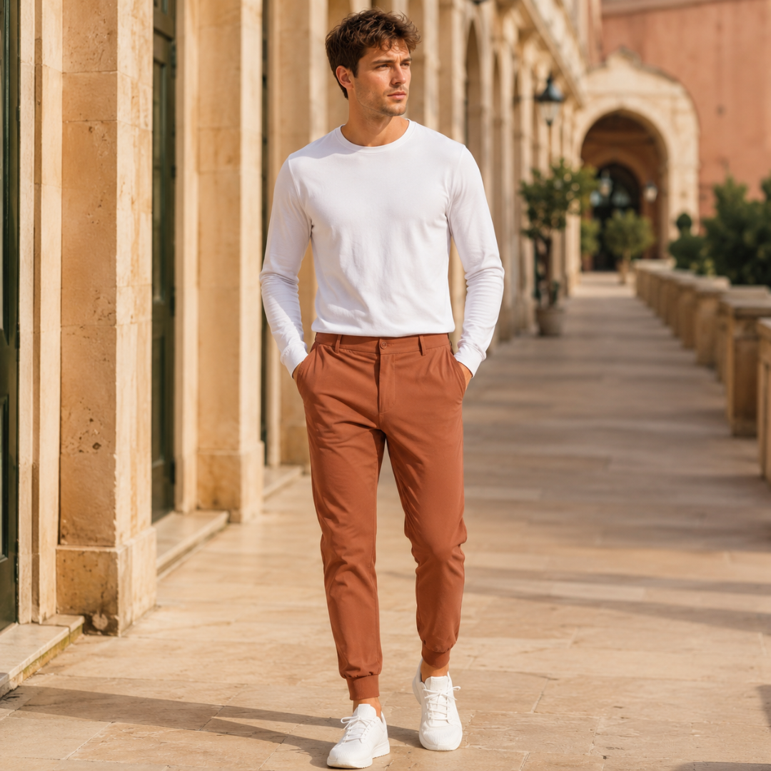 Pantaloni jogger uomo terracotta con tasche laterali inclinate e fondo a costine