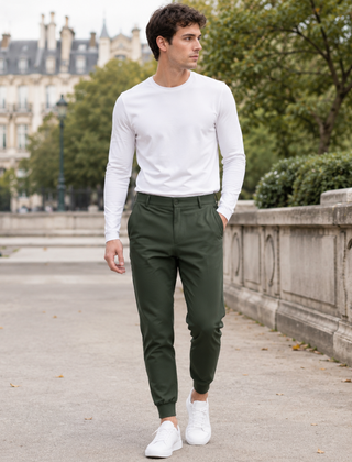Pantaloni jogger uomo verde scuro con passanti in vita e fondo a costine