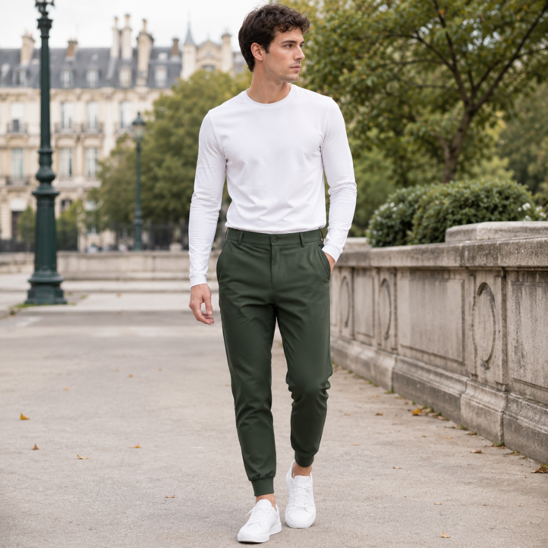 Pantaloni jogger uomo verde scuro con passanti in vita e fondo a costine