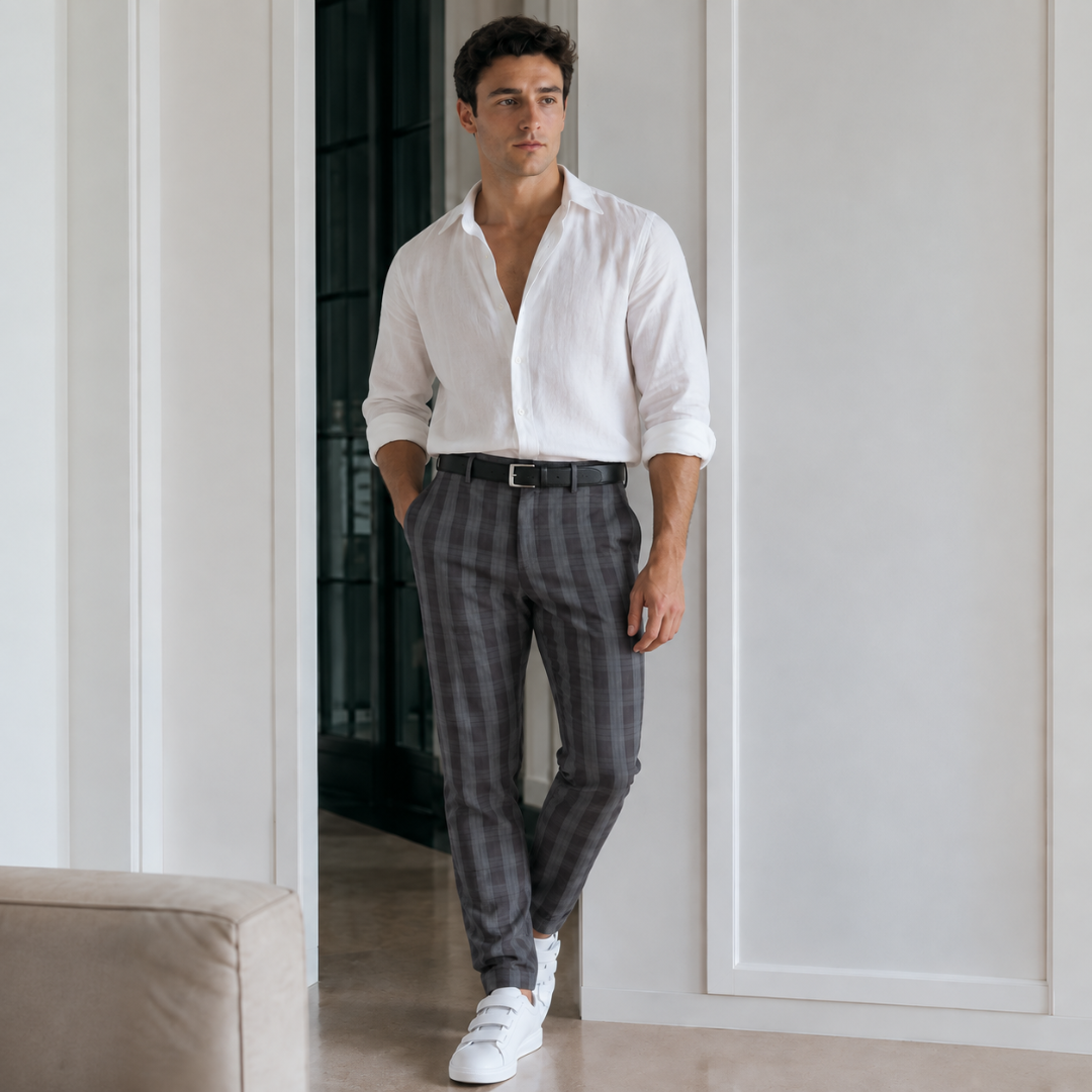 Pantaloni uomo grigi a quadri con cintura nera e camicia bianca aperta