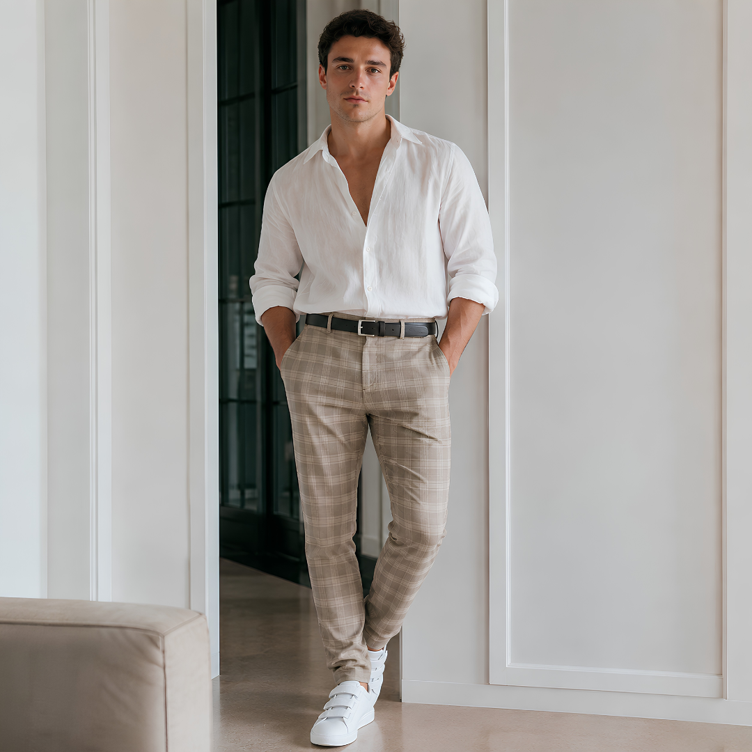 Pantaloni uomo kaki a quadri con passanti per cintura e camicia bianca