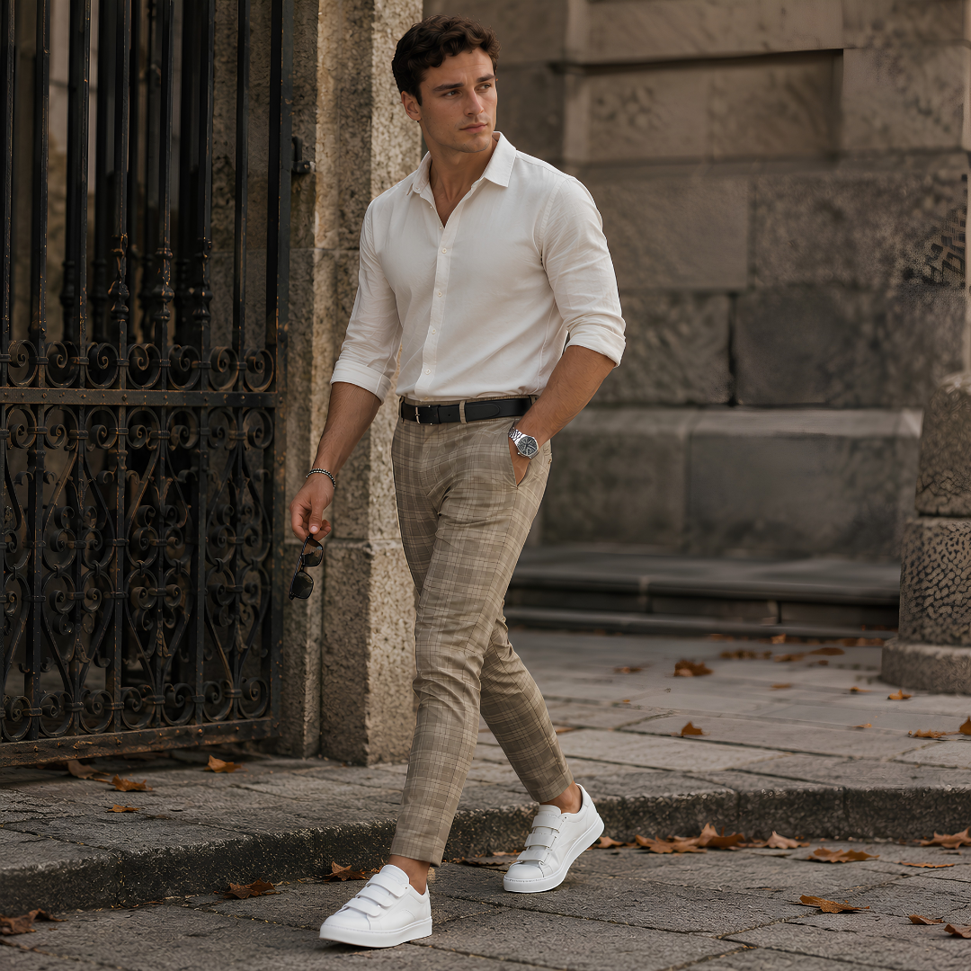 Pantaloni uomo kaki a quadri indossati in strada con sneakers bianche