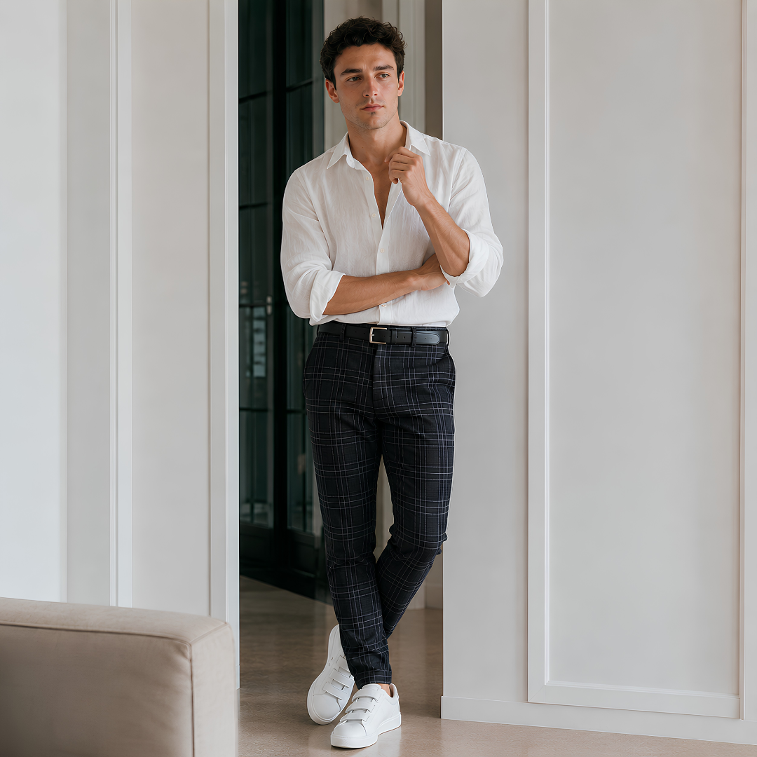 Pantaloni uomo neri a quadri con passanti per cintura e linea asciutta