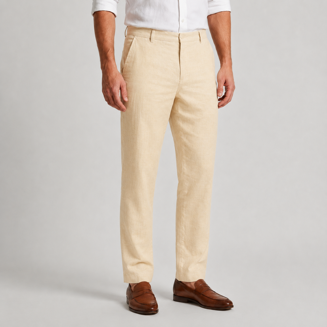 Pantaloni uomo chino beige chiaro abbinati a camicia bianca e mocassini marroni