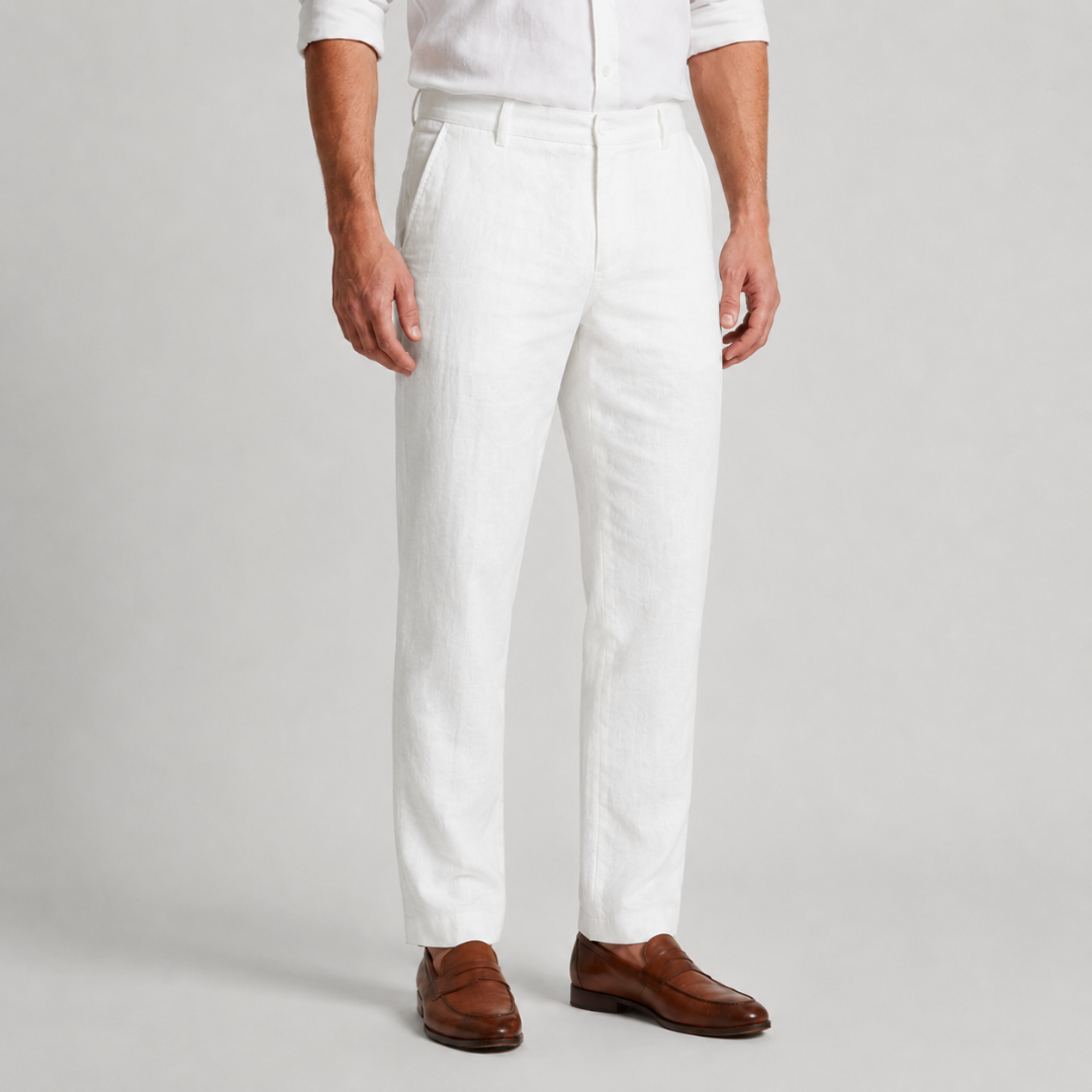 Pantaloni uomo chino bianchi dalla caduta fluida con orlo pulito sulla caviglia