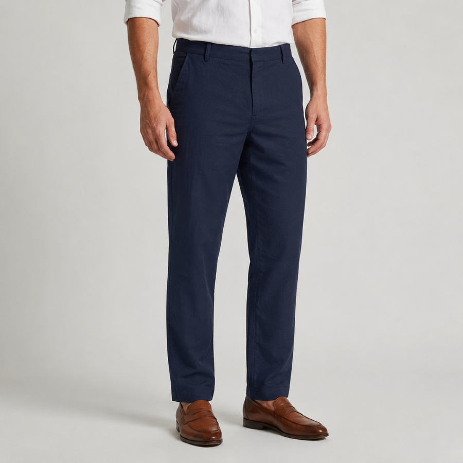 Pantaloni uomo chino blu navy vista frontale con tasche laterali e passanti cintura
