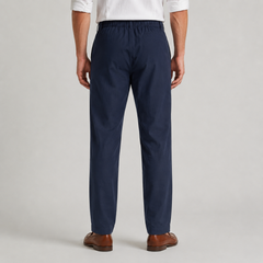 Retro dei pantaloni uomo blu navy con vita elasticizzata e gamba dritta