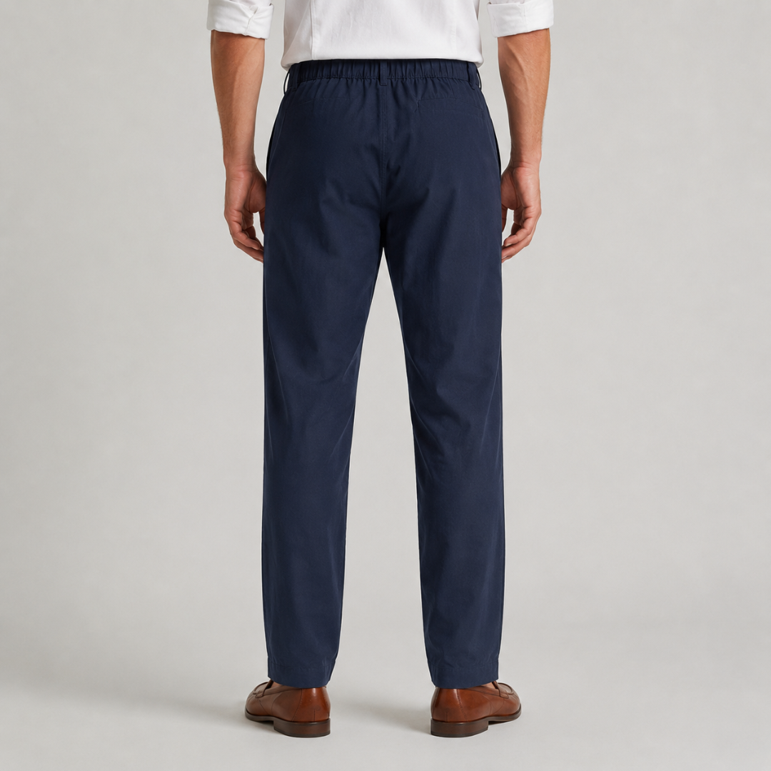 Retro dei pantaloni uomo blu navy con vita elasticizzata e gamba dritta