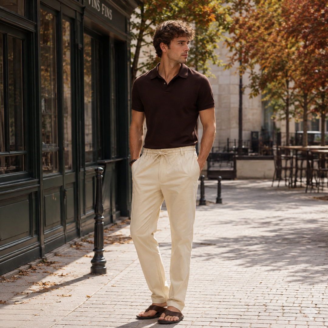 Pantaloni uomo beige con coulisse in vita indossati con polo marrone
