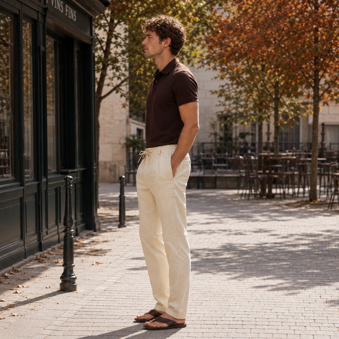 Vista laterale dei pantaloni beige con tasca inserita nella cucitura