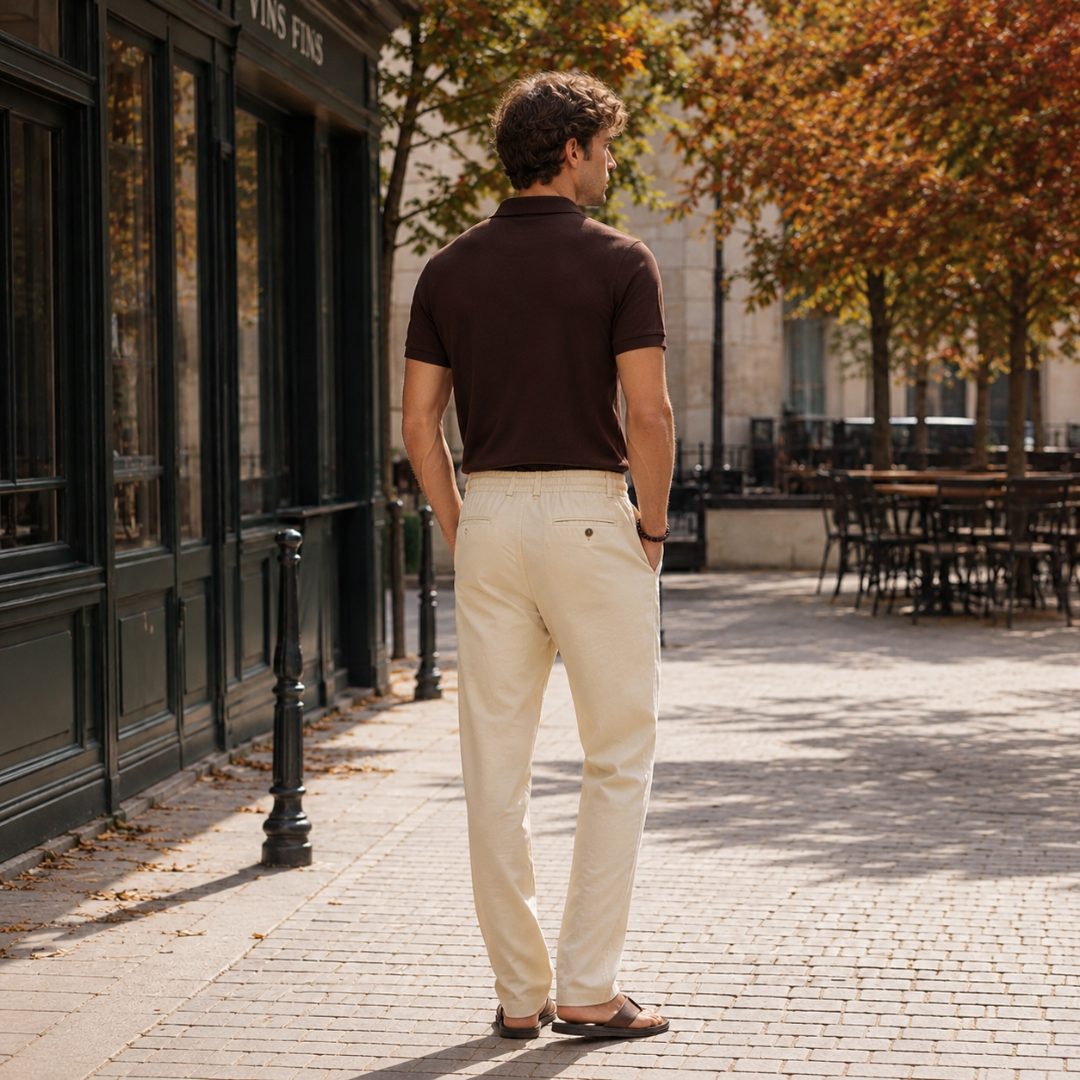 Retro dei pantaloni uomo beige con tasca posteriore chiusa da bottone