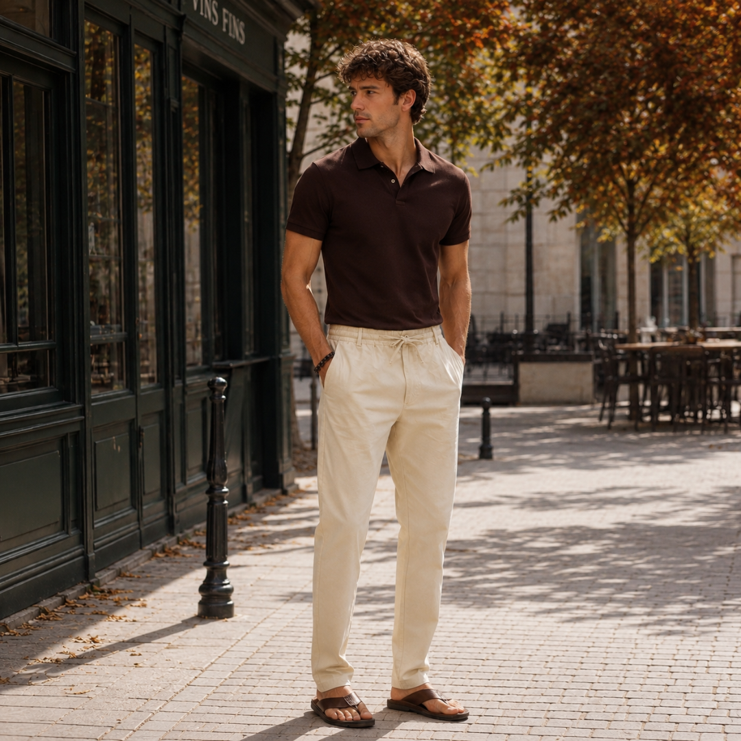 Pantaloni beige a gamba dritta con nodo della coulisse ben visibile