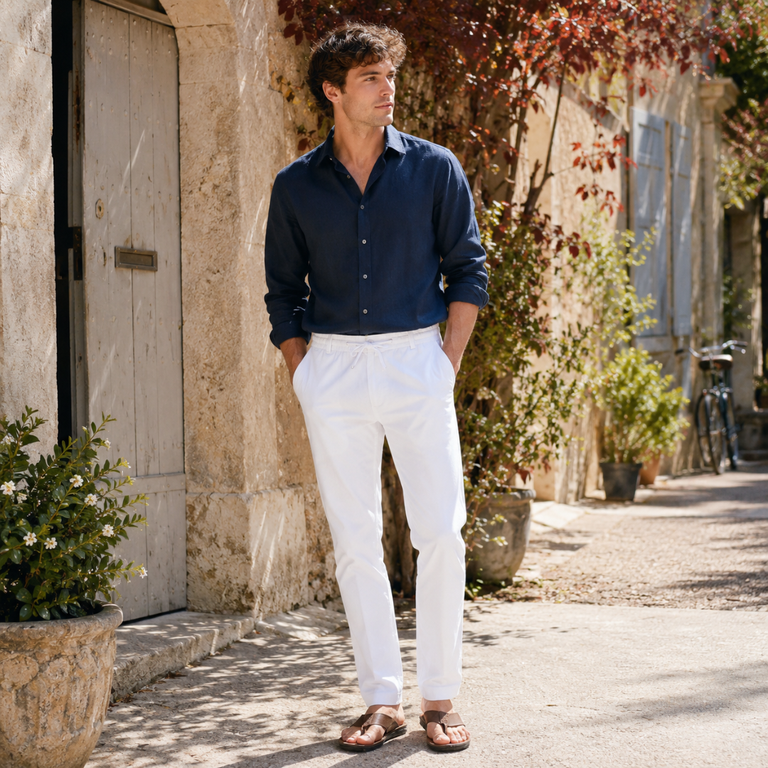 Pantaloni uomo bianchi con coulisse abbinati a camicia blu navy