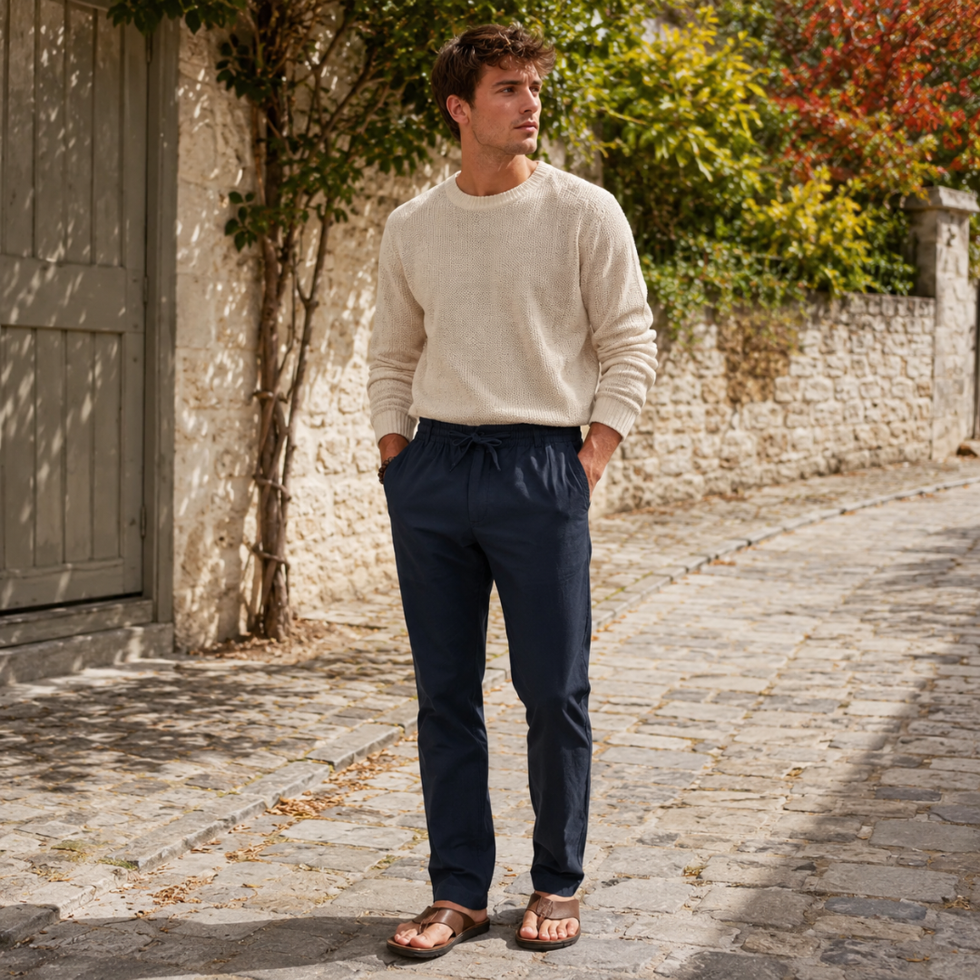 Pantaloni uomo blu con coulisse in vita e maglione chiaro