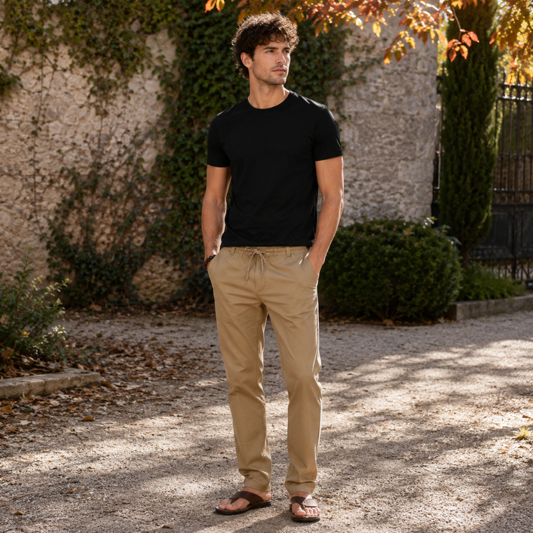 Pantaloni uomo kaki con coulisse in vita e t-shirt nera girocollo