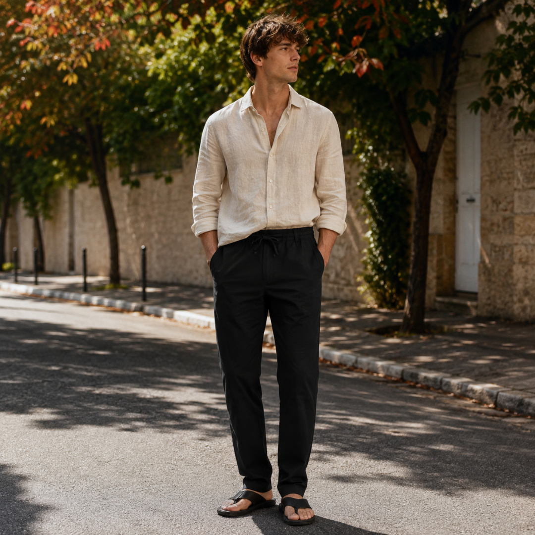 Pantaloni uomo neri con coulisse annodata, camicia beige e sandali