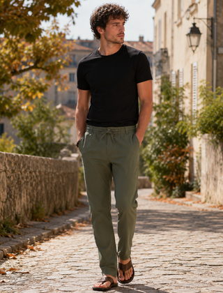 Pantaloni uomo verde oliva con coulisse annodata e t-shirt nera