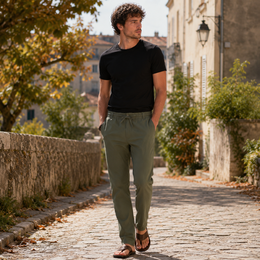 Pantaloni uomo verde oliva con coulisse annodata e t-shirt nera