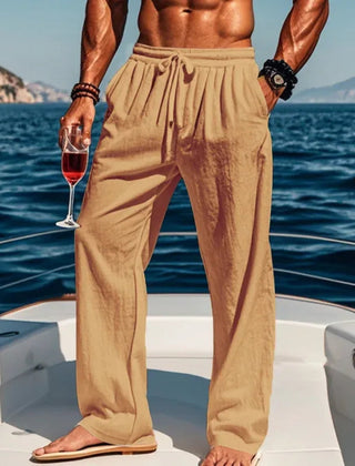Pantaloni uomo beige sabbia con vita elastica arricciata e gamba dritta