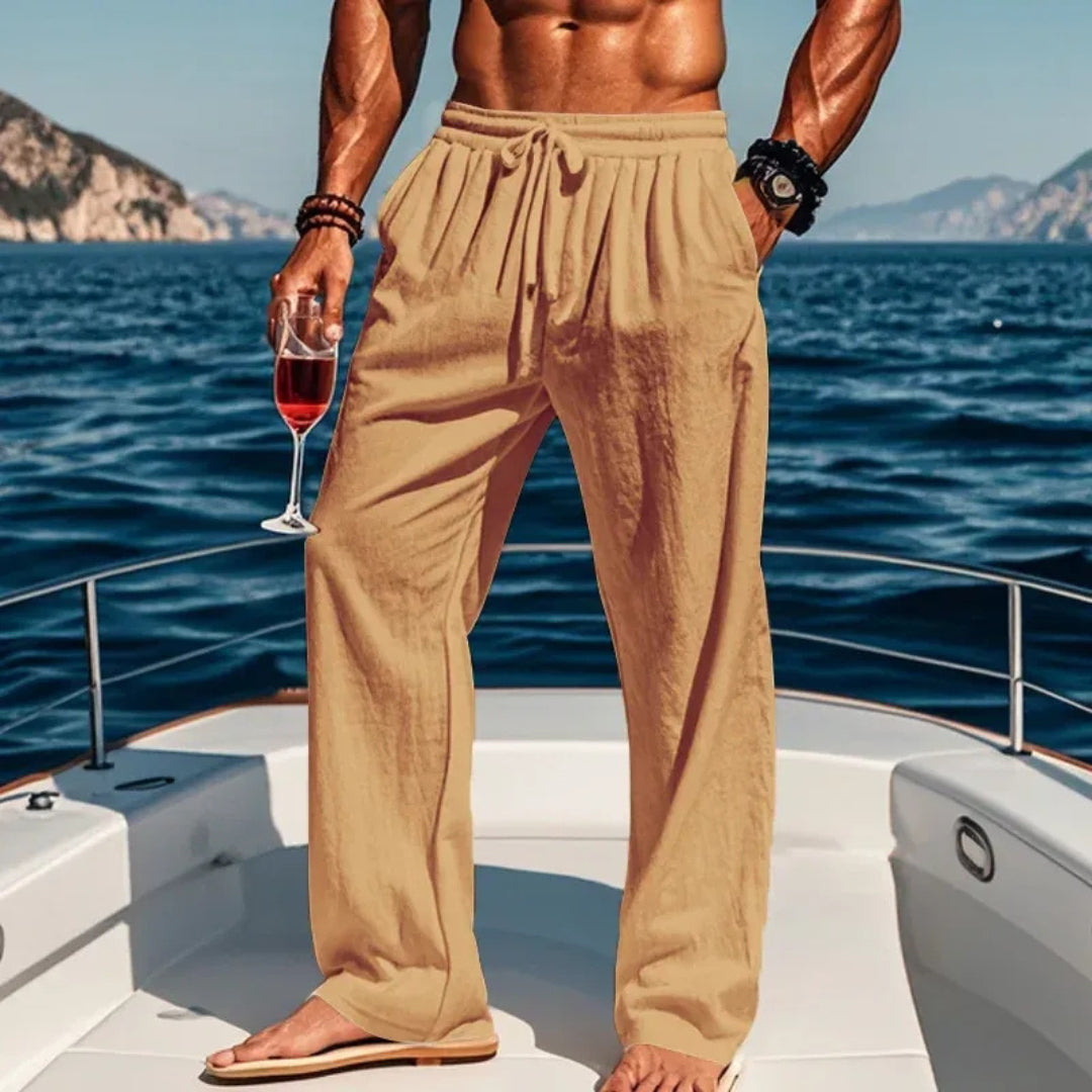 Pantaloni uomo beige sabbia con vita elastica arricciata e gamba dritta